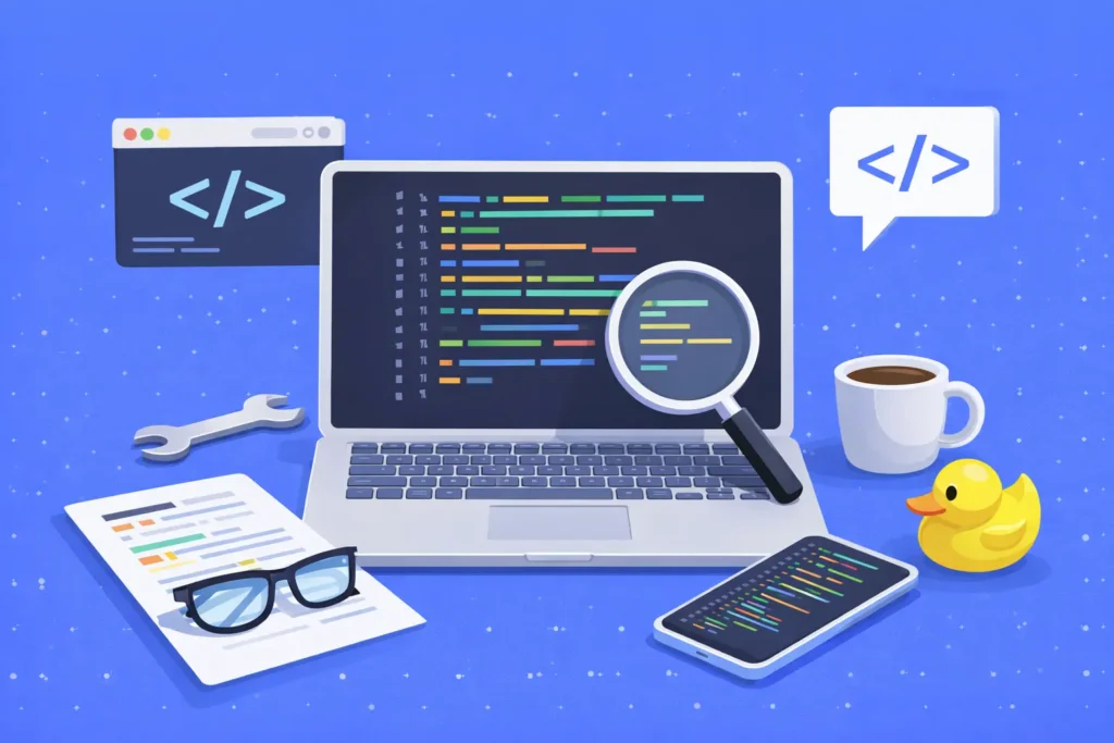 Laptop with Code, Phone with Code, Document, HTML tags 