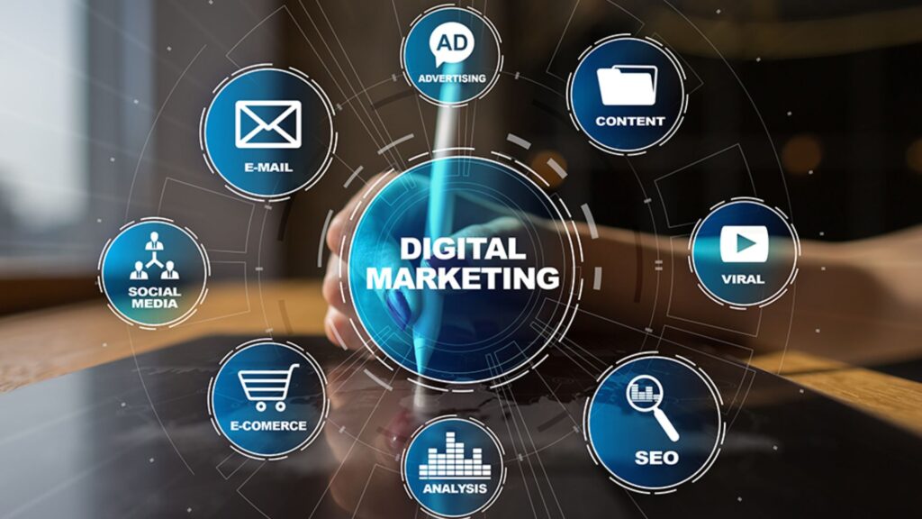 Digital marketing strategies for e-commerce business growth with SEO, social media, email marketing, and online advertising.