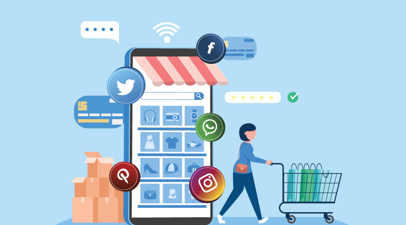 Future of e-commerce for business growth with online shopping and digital marketing illustration.